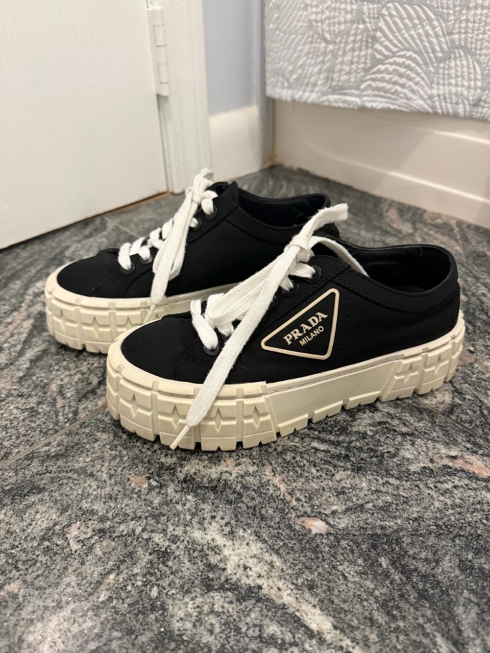 Prada Black Canvas Low-Top Sneakers with Cream Lug Sole - Picture 3 of 5